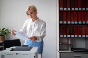 woman standing near printer holding a piece of paper